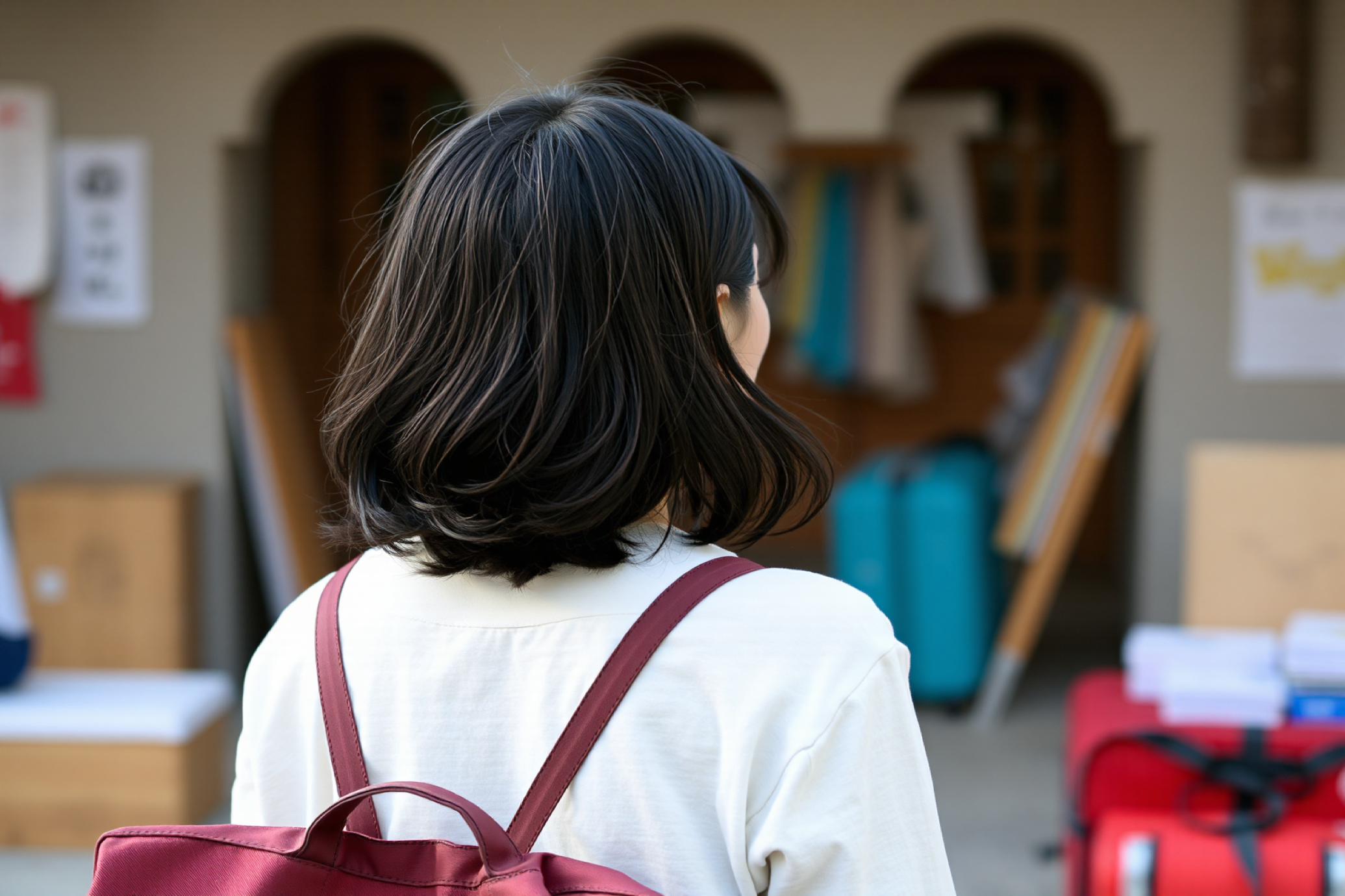 黄色のリュックサックを背負って笑顔で歩いている女性の画像