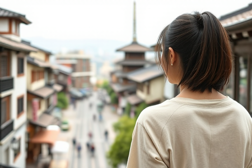 薄いベージュのリュックサックを背負う人物の後ろ姿